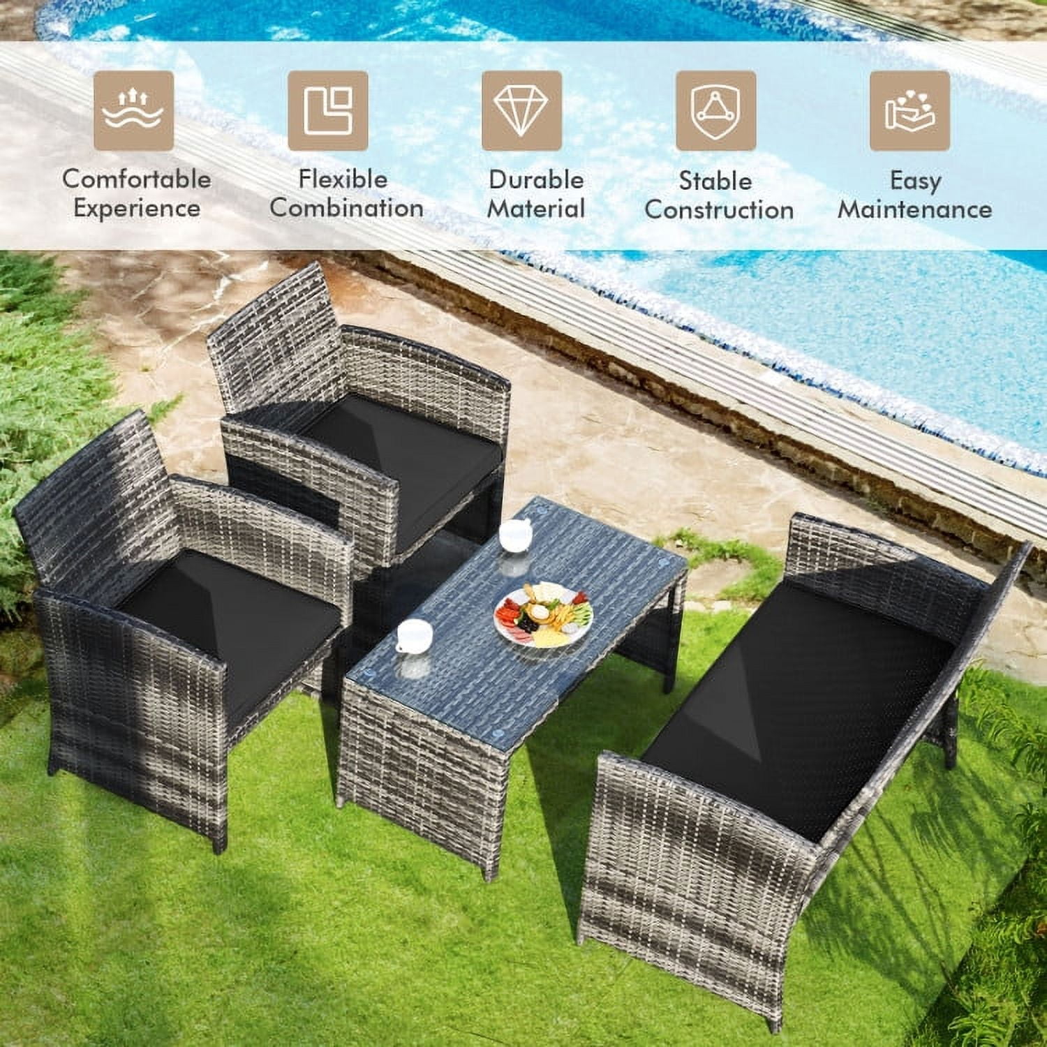 Aimee Lii 4 Pieces Wicker Patio Furniture Set with Cushions, Wicker Outdoor Sectional, Black Aimee Lii 4 Pieces Wicker Patio Furniture Set with Cushions, Wicker Outdoor Sectional, Black