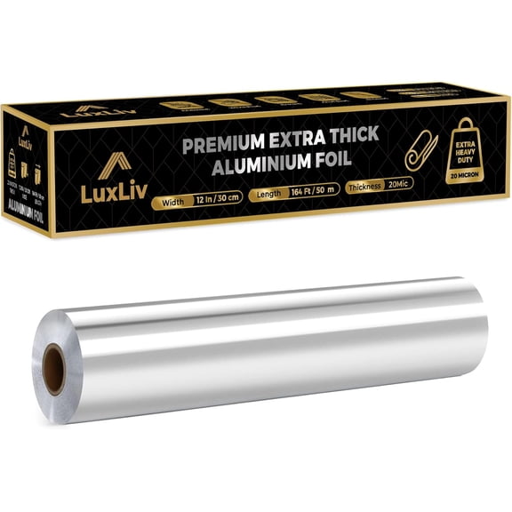 Aluminum Heavy Duty Tin Foil Roll – 12 inch wide x164 ft Length,161 sq ft – Commercial Grade & Extra Thick, Strong Enough for Food Service Industry with cutter - ®