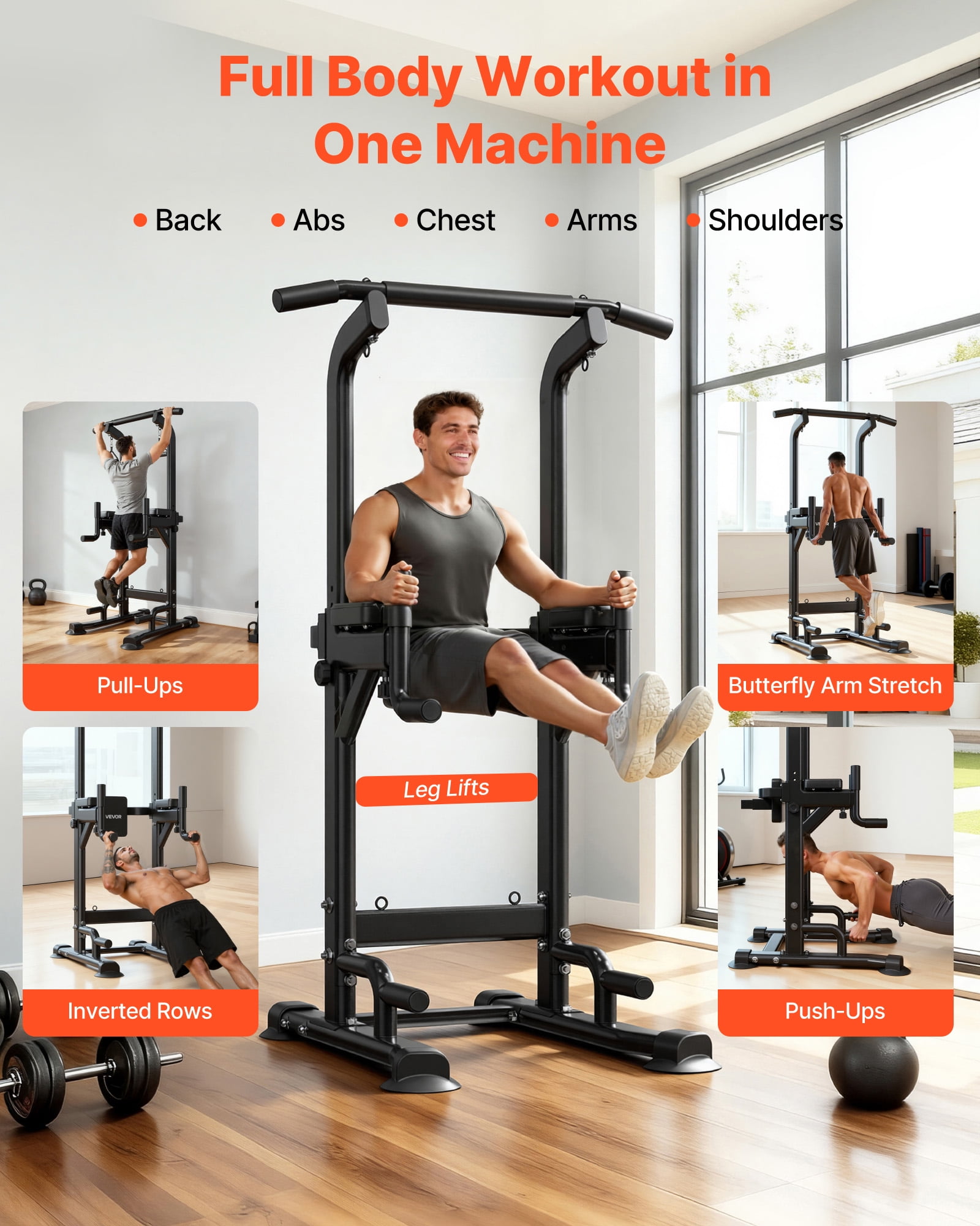 VEVOR Pull Up Bar, 330 LBS Power Tower Dip Station, Workout Dip Station with H-Shaped Stable Base & Back Pad,Adjustable 12 Level Height Free Standing Chin Up Bar for Back, 4-Level Adjustable Back Pad
