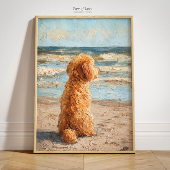 Doodle Beach Summer Painting Print, Maltipoo Coastal Wall Art, Cockapoo Dog Memorial Poster Unframed Paper Print