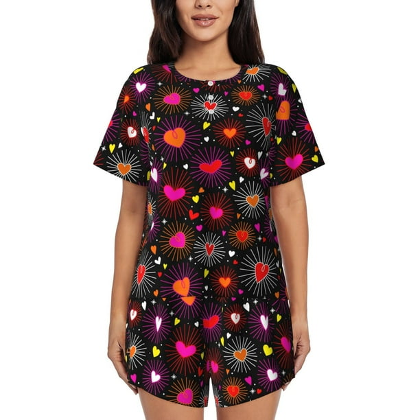 Balery Geometric Hearts Conjunto de Pijama para Mujer con Estampado, Dos Piezas de Manga Corta y Shorts, Ropa de Dormir Suave con Cuello Redondo y Bolsillos-Small