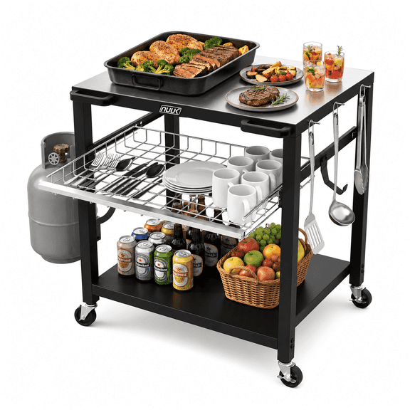 NUUK Outdoor Grill Prep with Wheels, Pizza Oven Table with Sliding Drawer, 30"x 24" 3-Tier BBQ Prep Table , Outdoor Kitchen Serving Cart for Grilling