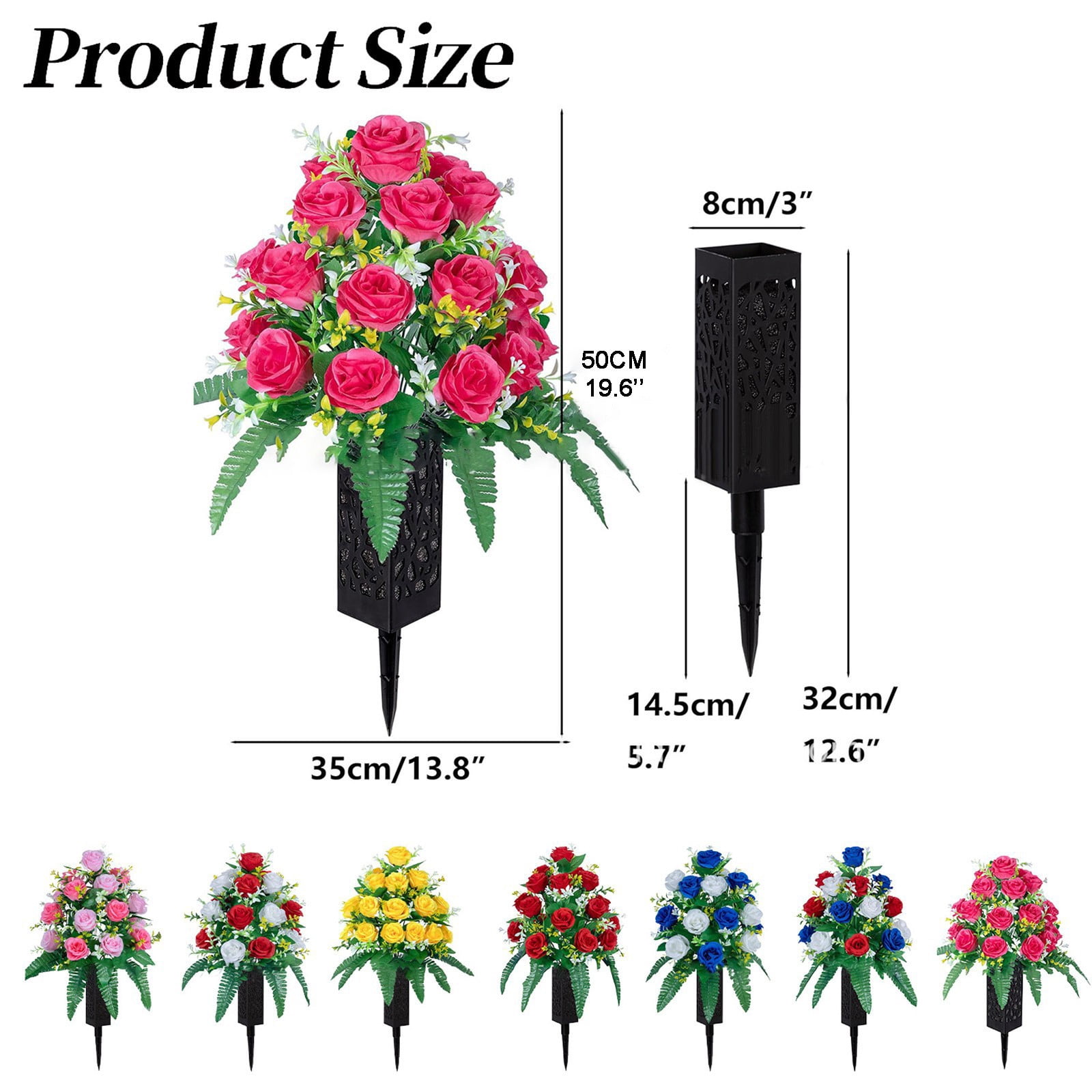 Artificial Cemetery Rose Bouquet with Long Nail Vase Stand, 19.6" Tall Fade-Proof Memorial Flowers, Faux Cloth Roses with Foam Insert, Sturdy Spike for Cemetery & Gravesite Use, By Harlik