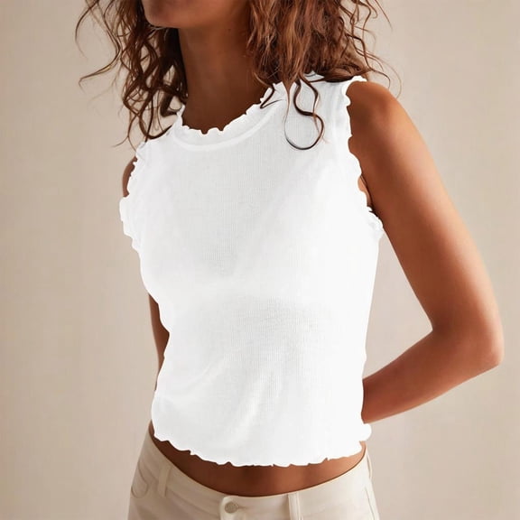 Womens Summer Tank Tops Crew Neck Ruffle Shirts Sleeveless Ribbed Knit Slim Fitted Tee Business Casual Blouses L