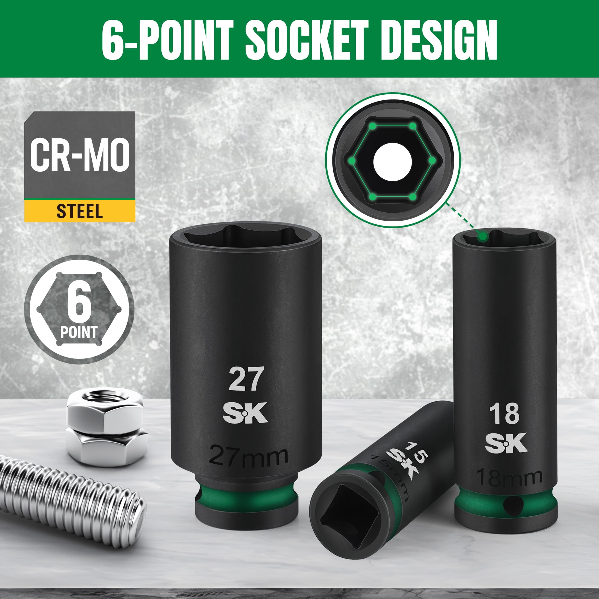 SK Hand Tools SK01353 13 Piece 1/2" Impact Metric Deep Socket Set