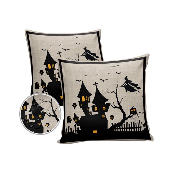 Pack of 2 Outdoor Pillow Covers, Halloween Haunted House Witch Vintage Pattern Waterproof Square Throw Pillowcase Cushion Decorative Pillow Covers for Couch Patio Tent, 20x20 in