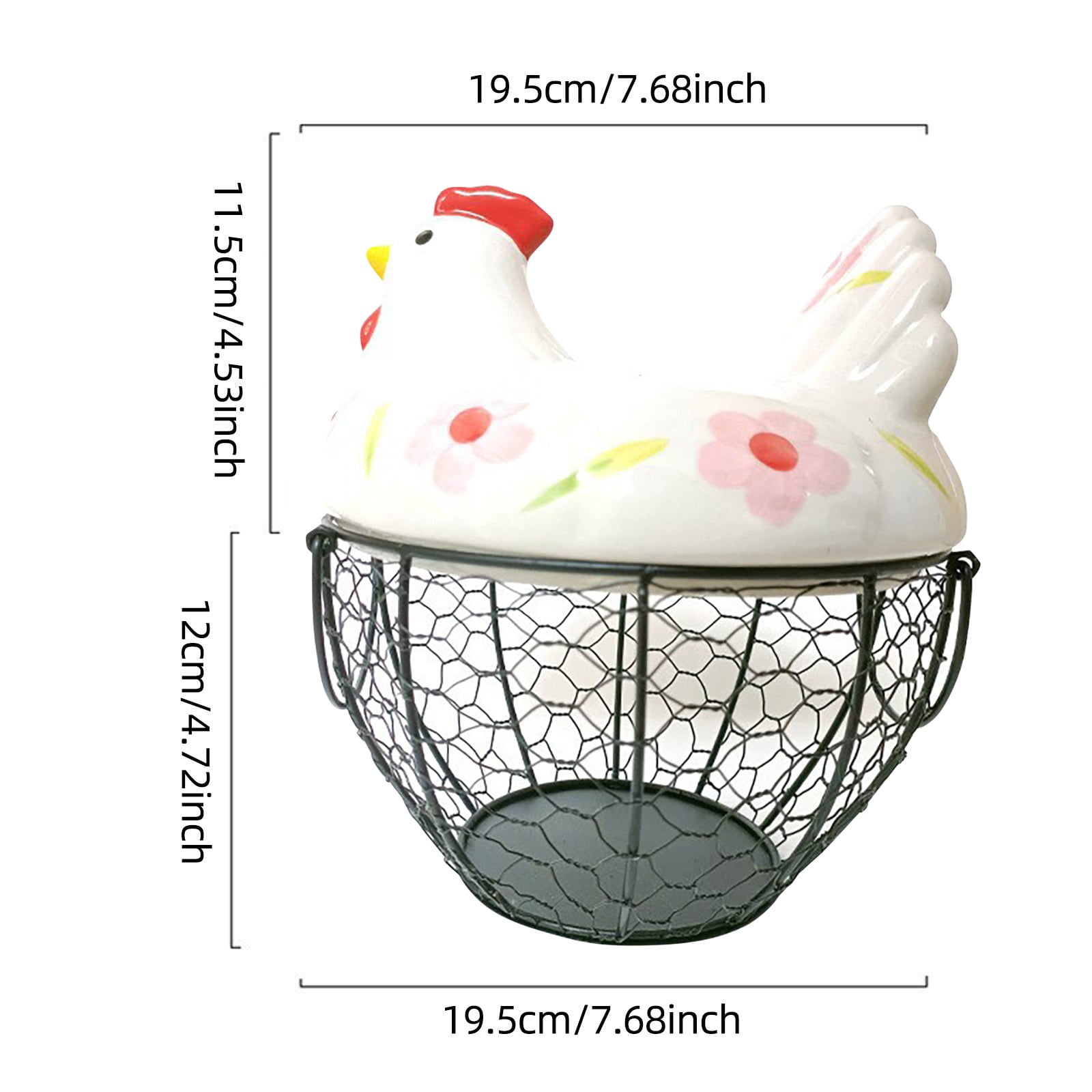 Farmhouse Egg Basket with Ceramic Lid, Black Wire Egg Holder for Fresh Eggs, Decorative Chicken Design Egg Storage Container, Kitchen Countertop Organizer Case for Eggs