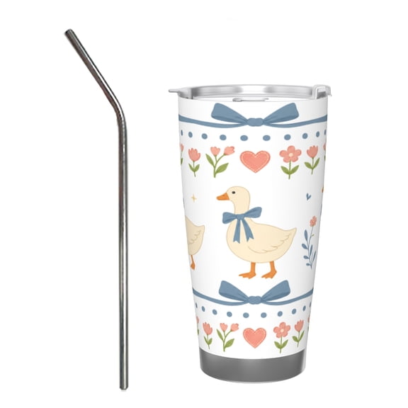 20oz Cute Duck Blue Bow Floral Heart Nursery Insulated Tumbler with Handle and Straw Travel Cup Car Cup with Stainless Steel Straw