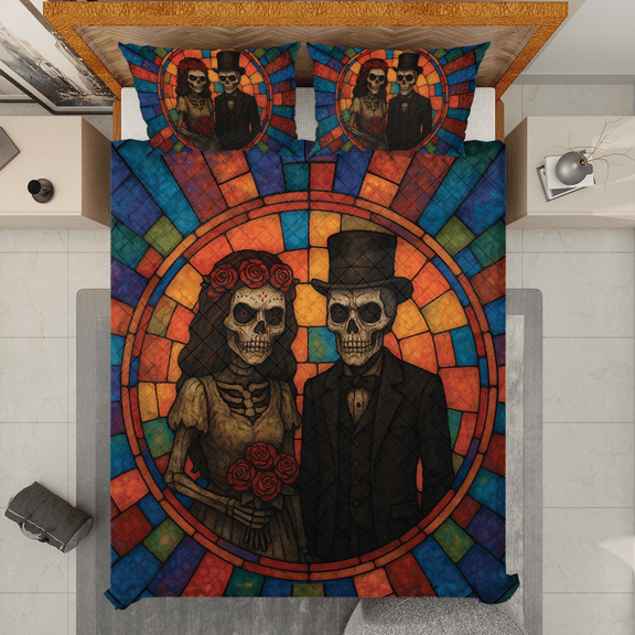 Vintage Floral Skeleton Couple Stained Glass Quilt Bedding Set - Gothic Halloween-Inspired Skeleton with Roses Design for Bedroom Décor