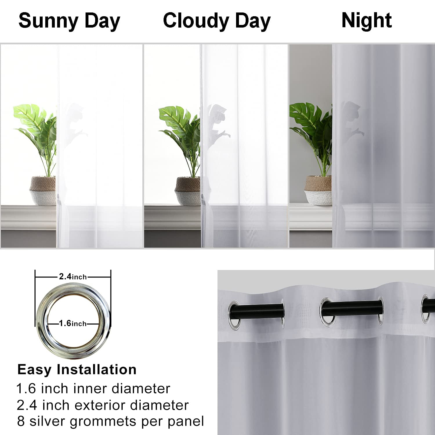 Hiasan Grey Sheer Curtains with Tiebacks, Light Filtering Contemporary Window Drapes for Living Room, Bedroom, Grommet, 52" x 63", Set of 2
