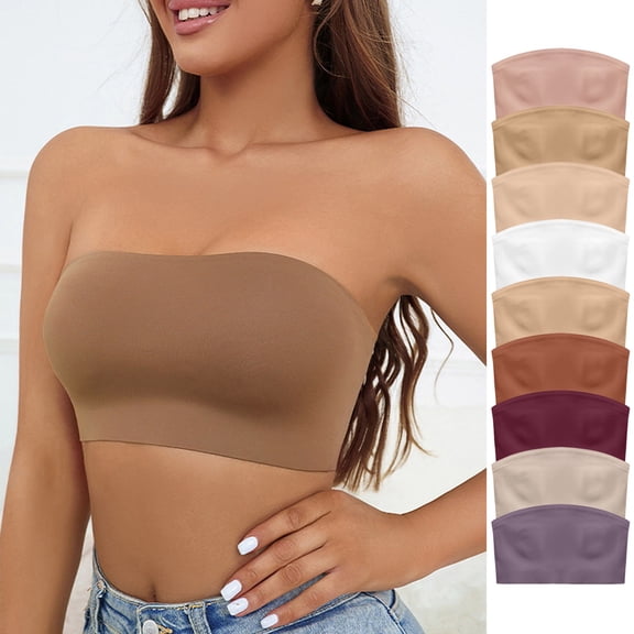 Gymayou Women Strapless Wireless Bandeau Bra Non-Slip Tube Top Bra Seamless Padded No Underwire Wrap Bustier Beige L