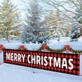 thumbnail image 1 of Pancarta grande de Feliz Navidad, cartel de Navidad a cuadros de búfalo rojo con gráfico de árbol de Navidad de muñeco de nieve, perfecto para fiesta de Navidad, decoración interior al aire libre, 9.8 x 1.6 pies (letras doradas) Ormromra WMZL-2263-1, 1 of 7