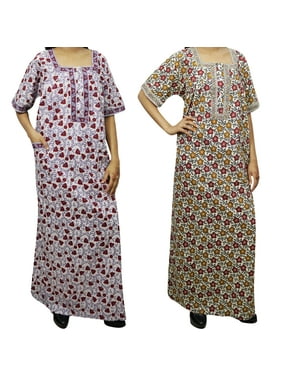 Mogul 2 pc Women's Caftan Maxi Dress Square Neck Half Sleeve Printed Night Wear Nightgown L