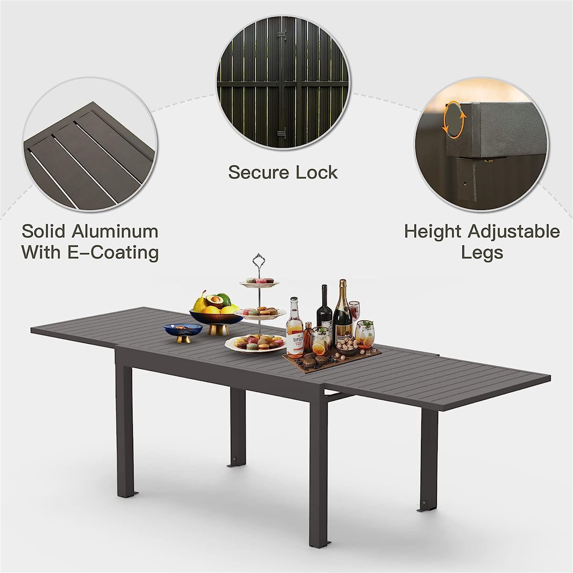 Large Extendable Patio Dining Table, Aluminum Metal Indoor Outdoor 53"- 106" Adjustable for 6-8 Person Rectangular Table for Porch Backyard Balcony Garden (Dark-Brown, 1 Table)