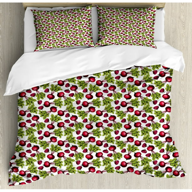 Vegetables Duvet Cover Set King Size Hand Drawn Sketch Of Whole And Halved Beetroot 3 Piece Vegetables Duvet Cover Set King Size, Lime Green Pink Bedding