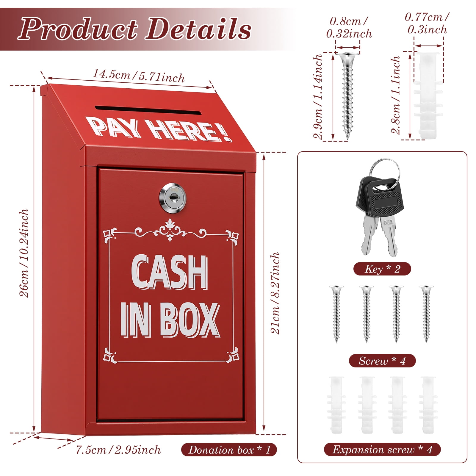 Metal Donation Box with Lock Slot Safe Suggestion Charity Collection Donation Money Lock Box Cash Drop Money Case Suggestion Box,Red,10.24 x 5.71 x 2.95''