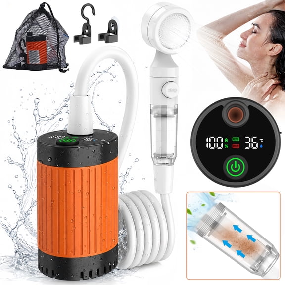 BNISE Camping Shower with Filtered Shower Head, 6000mAh Rechargeable with LED Display, 3 Spray Modes IPX7 Waterproof Portable Camping Shower for Hiking Travel Pet Car