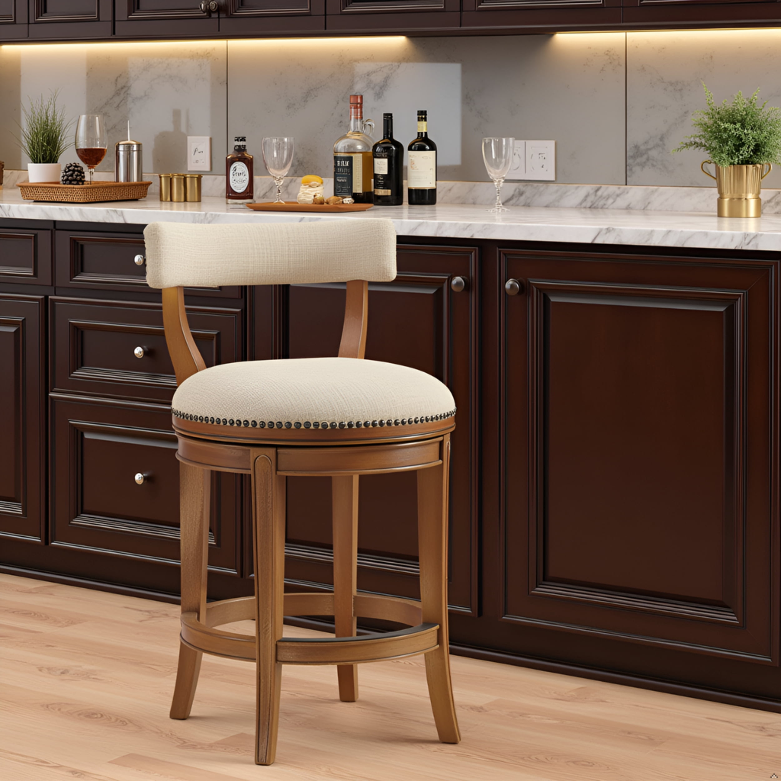 Alaterre Furniture Hanover Swivel Low Back Counter Height Bar Wood Stool, Weathered Brown and Beige