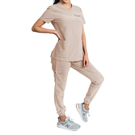 

Medgear Maple Women s Stretch Scrub Set Snap Closure Chest Pocket Top and Gathered Jogger Pants