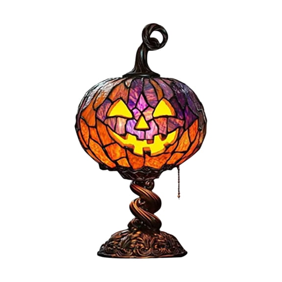 Mskk Halloween Stained Glass Pumpkin Table Lamp, Vintage Tiffany Style Jack O Lantern Lamp for Halloween Decoration, Autumn Fall Harvest Gothic Home Mantel Tabletop Ornament Gift