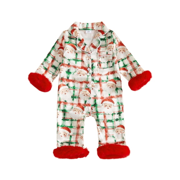Cjfdfy Newborn Baby Girl Christmas Satin Pajamas Romper Santa Claus Printed Long Sleeve Furry Trim Jumpsuit Infant Cute Christmas Holiday Fall Winter Sleepwear 0-18 Months