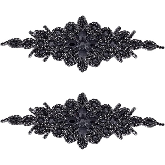 2pcs Rhinestone Applique for Dress (Black 9.5x3.7inch) Iron on/Sew Patch Hotfix Diamond Sewing Appliques for Bridal Dress Gowns Headpiece Belt or Other Item Decoration