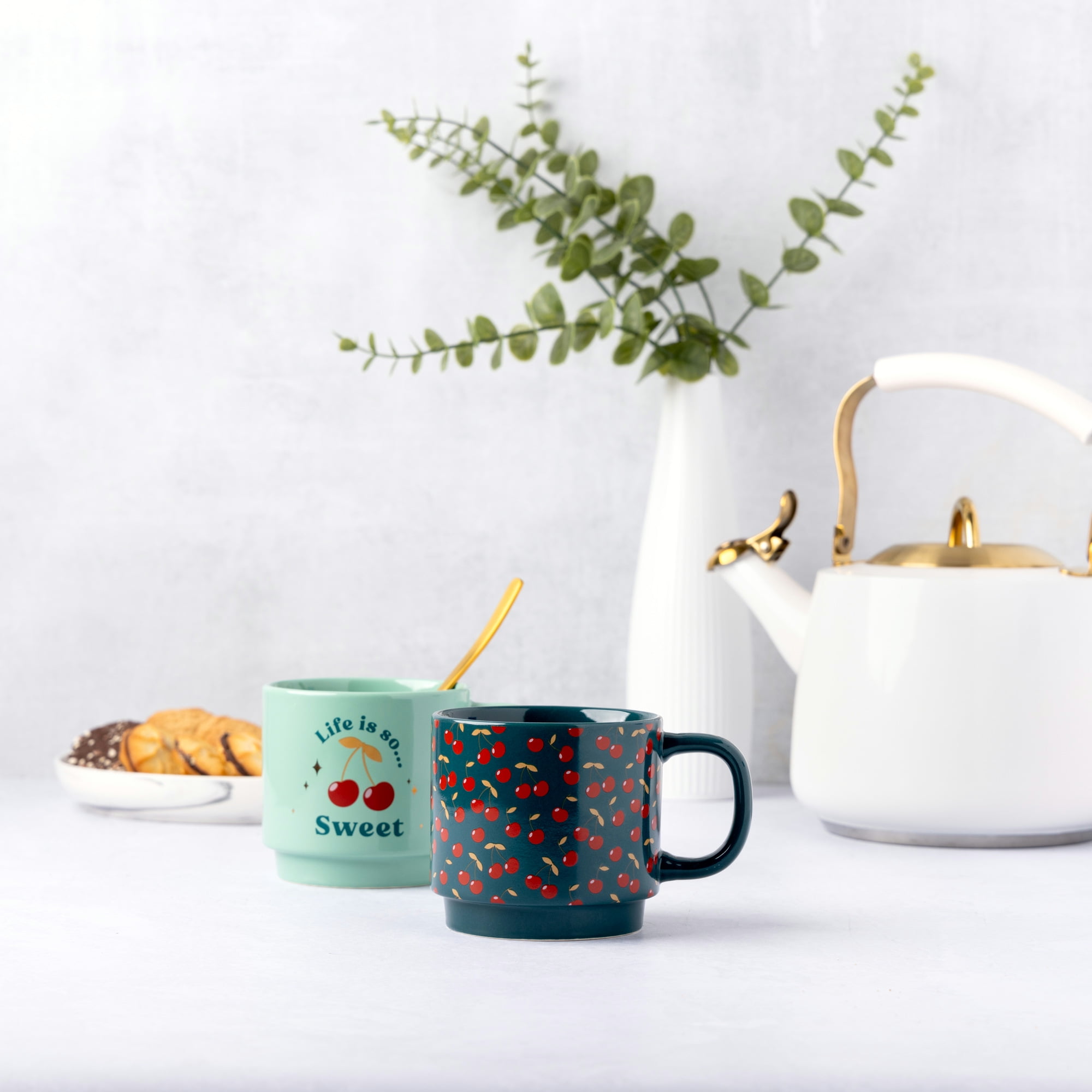 Thyme & Table 2 Pack Stacking Life is Sweet and Cherries Green Mugs 14.2 fl oz, Stoneware