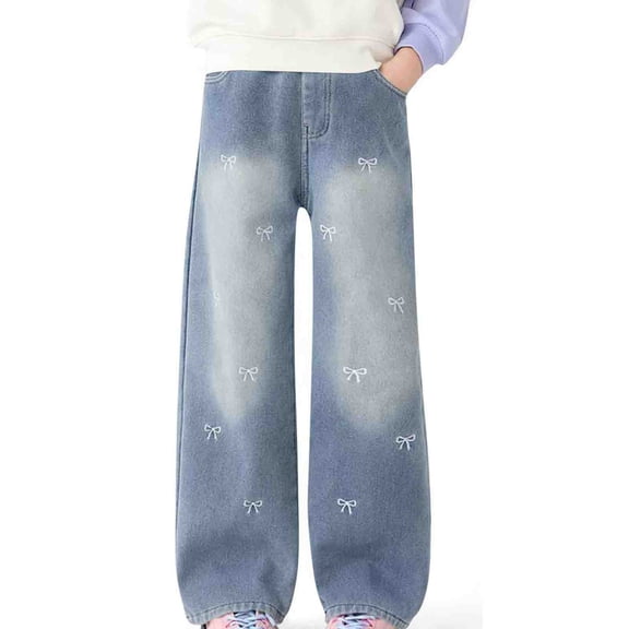 hengsof Girls' Loose Jeans Bow Jeans Casual Elastic Waist Wide Leg Jeans Sweet Jeans Suitable for Children Aged 5-15