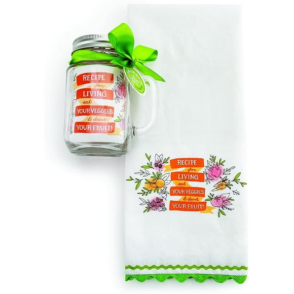 DEMDACO Recipe for Living Tea Towel and Mason Jar Set, Multicolor