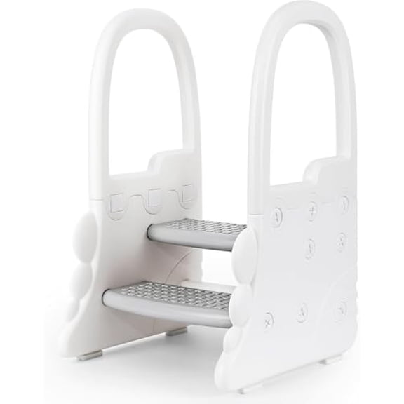Step Stool for Toddlers with Handles, 2 Step Bathroom Stool with Non-Slip Pads, Ideal Plastic Potty Ladder and Kitchen Learning Helper,White