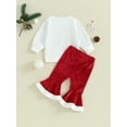 thumbnail image 4 of Suealasg 2Pcs Kids Girls Christmas Outfit Toddler Girls Long Sleeve Letter Print Sweatshirt + Velvet Flared Pants Sets 6M 1T 2T 3T Christmas-themed Clothing for Baby Girls, 4 of 9