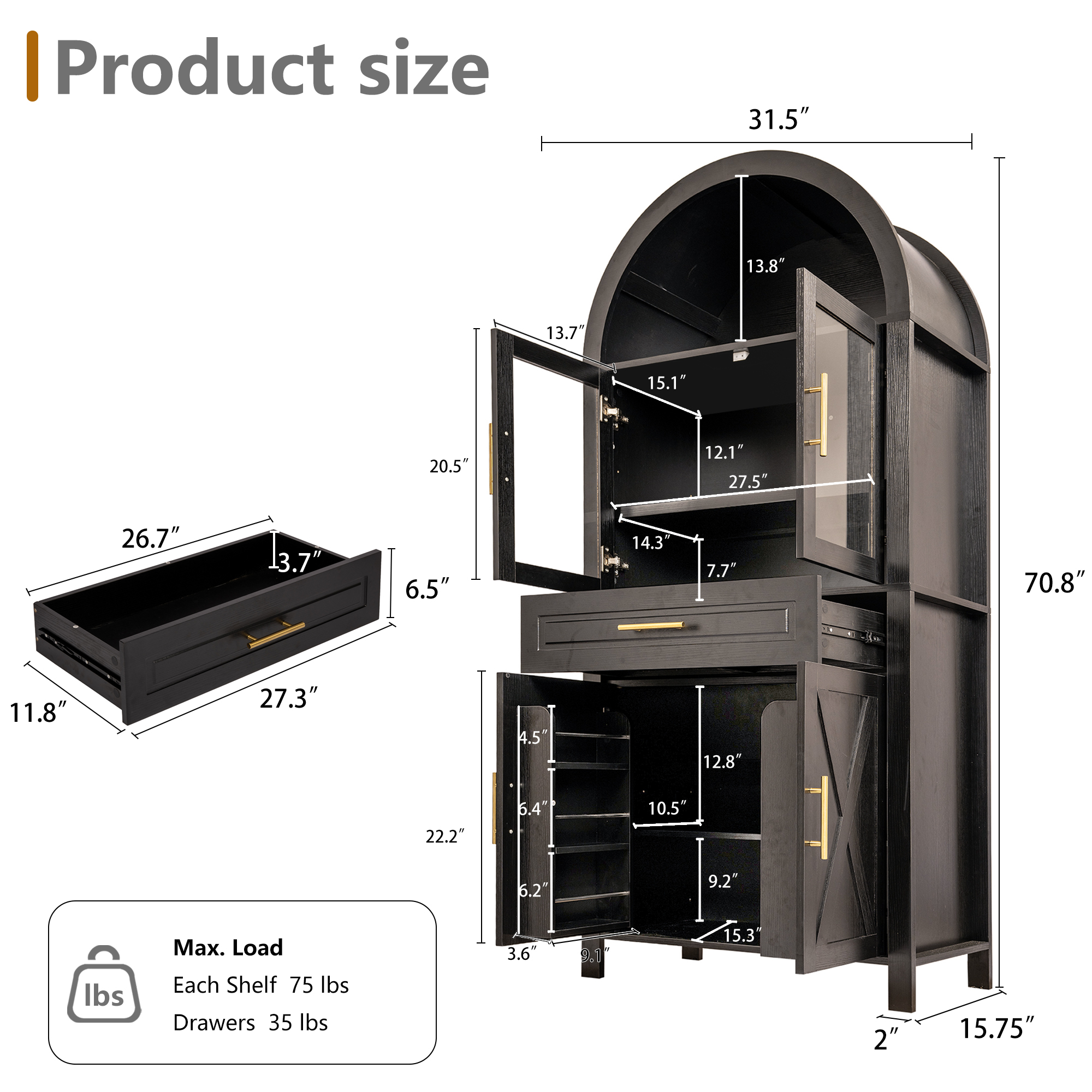Mintazer Arched Farmhouse Kitchen Pantry Cabinet with Glass Doors, 71" Tall Freestanding Storage with Adjustable Shelves & Drawer for Kitchen Living Room Dining Room, Black