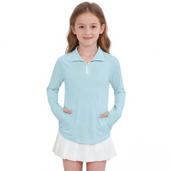Xdegoge Girls Long Sleeve Quarter-Zip Pullover Sporty Top, Breathable and Stretchy Fabric for Outdoor Activities and School Wear 4-15Y