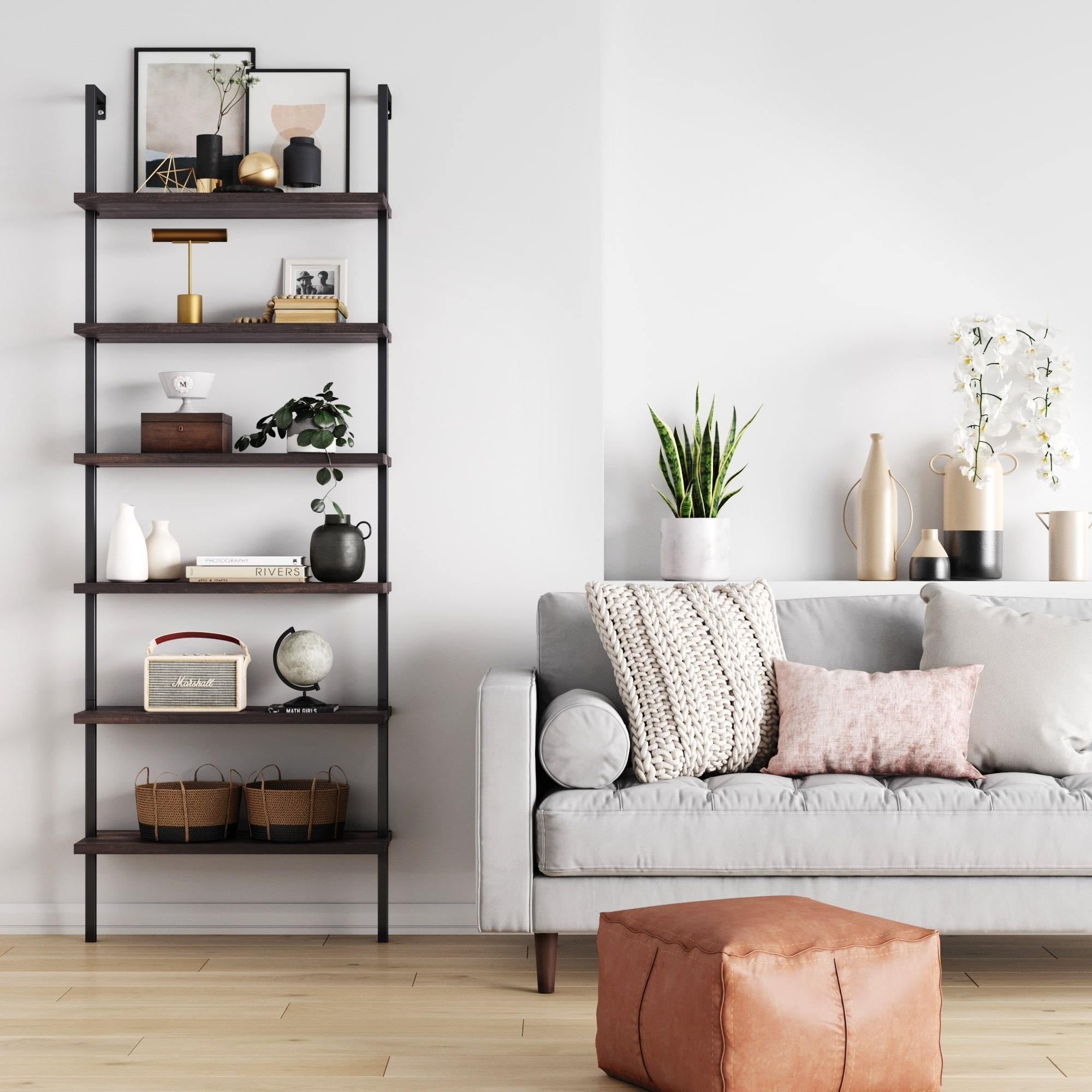 Nathan James Theo 6-Shelf Tall Bookcase, Open Wall Mount Ladder Bookshelf with Industrial Metal Frame, Nutmeg/Black