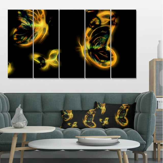Yellow Fractal Butterflies on Black - Floral Canvas Art Print