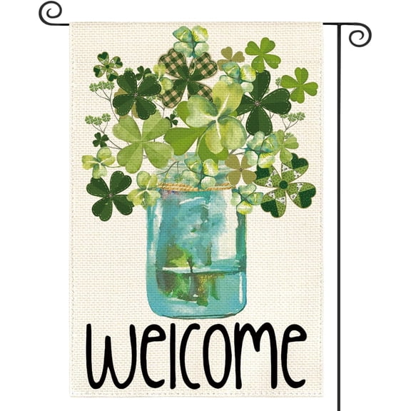 Welcome Watercolor Lucky Clover Garden Flag 12x18 Inch Double Sided Shamrock Jar St Patricks Day Flag