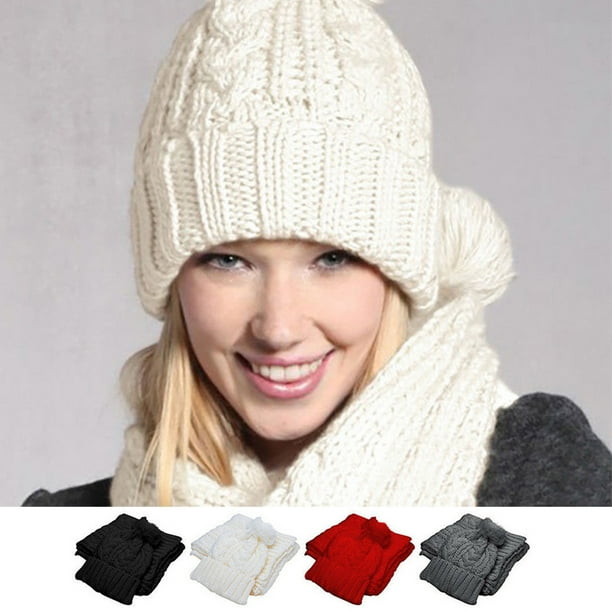 SYWAN Women Lady Winter Warm Knitted Pom Beanie Hat Gloves and Scarf