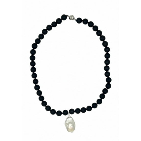 Suzannes Jewelry Matte Black Onyx with Freshwater Pearl Drop Necklace, 18 in-, Women. Adult
