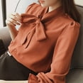 thumbnail image 3 of Women's Solid Bow Tied Neck Ruffle Long Sleeve Chiffon Shirt Blouse Tops, 3 of 6