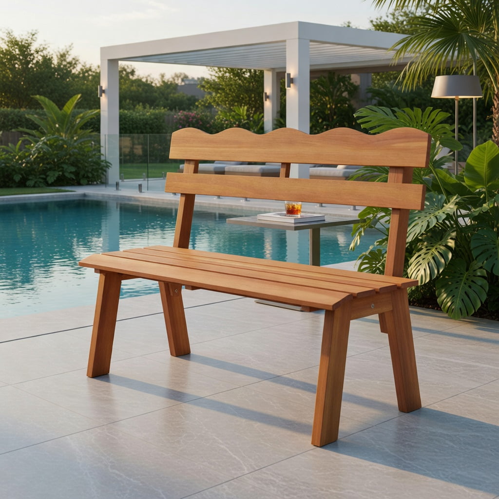 Hommoo Sturdy Outdoor Acacia Wood Garden Bench, Ergonomic Waved Backrest, Adjustable Feet, Pre-Assembled for Patio, Porch & Backyard, Natural