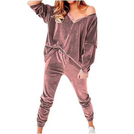 

Womens Velvet 2 Pieces Outfits Long Sleeve V-Neck Sweatshirts with Elastic Eaist Long Pants Pajamas PJs Sets Loungewear