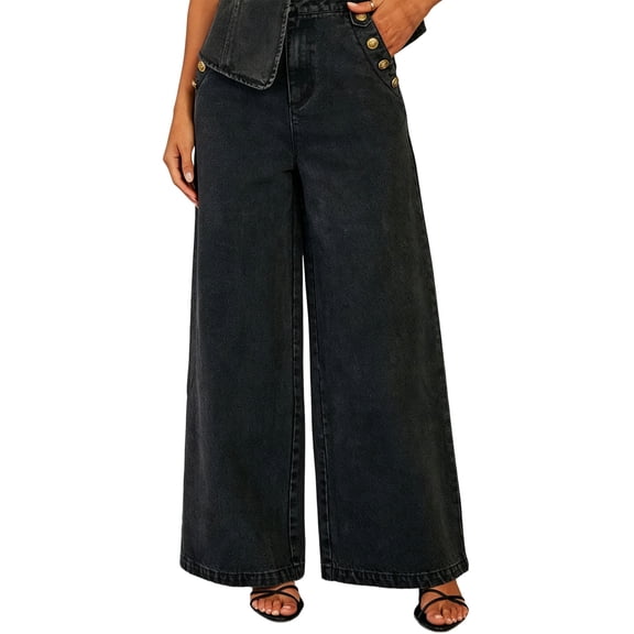 Wenini Women's High Waist Solid Loose Denim Pants Wide Leg Denim Jeans with Pockets