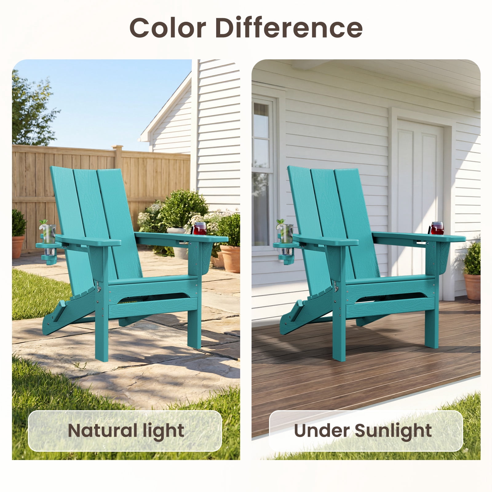 RIAFUN HDPE Foldable Adirondack Chair, Outdoor Patio Chair with 2 Cup Holders, Heavy Duty All-Weather Seating for Lawn,Porch,Deck,Backyard, Peacock Blue