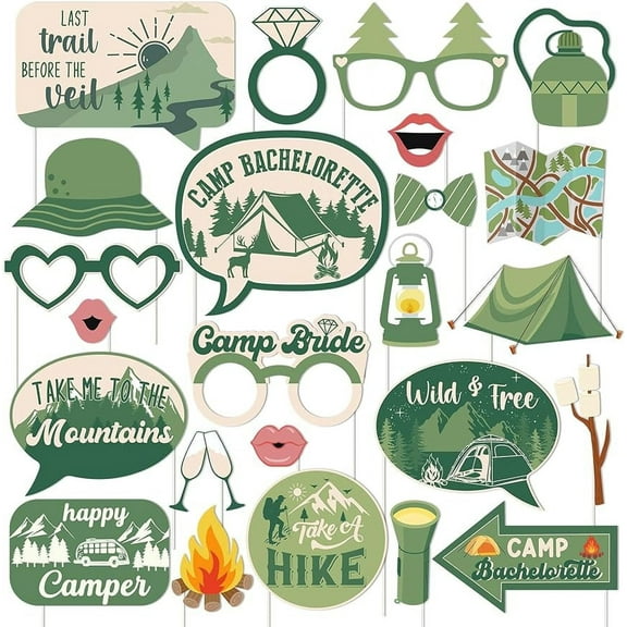 24pcs Camp Bachelorette Photo Booth Props Camping Bachelorette Party Decoration Cabin Glamping Mountain Lake Hiking Bachelorette Party Favor for Bridal Shower Wedding Engagement Party Decor