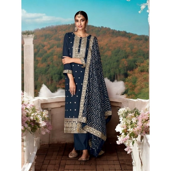 Traditional Navy Blue Faux Georgette Salwar Suit with Intricate Embroidery,Cultural Wear for Women