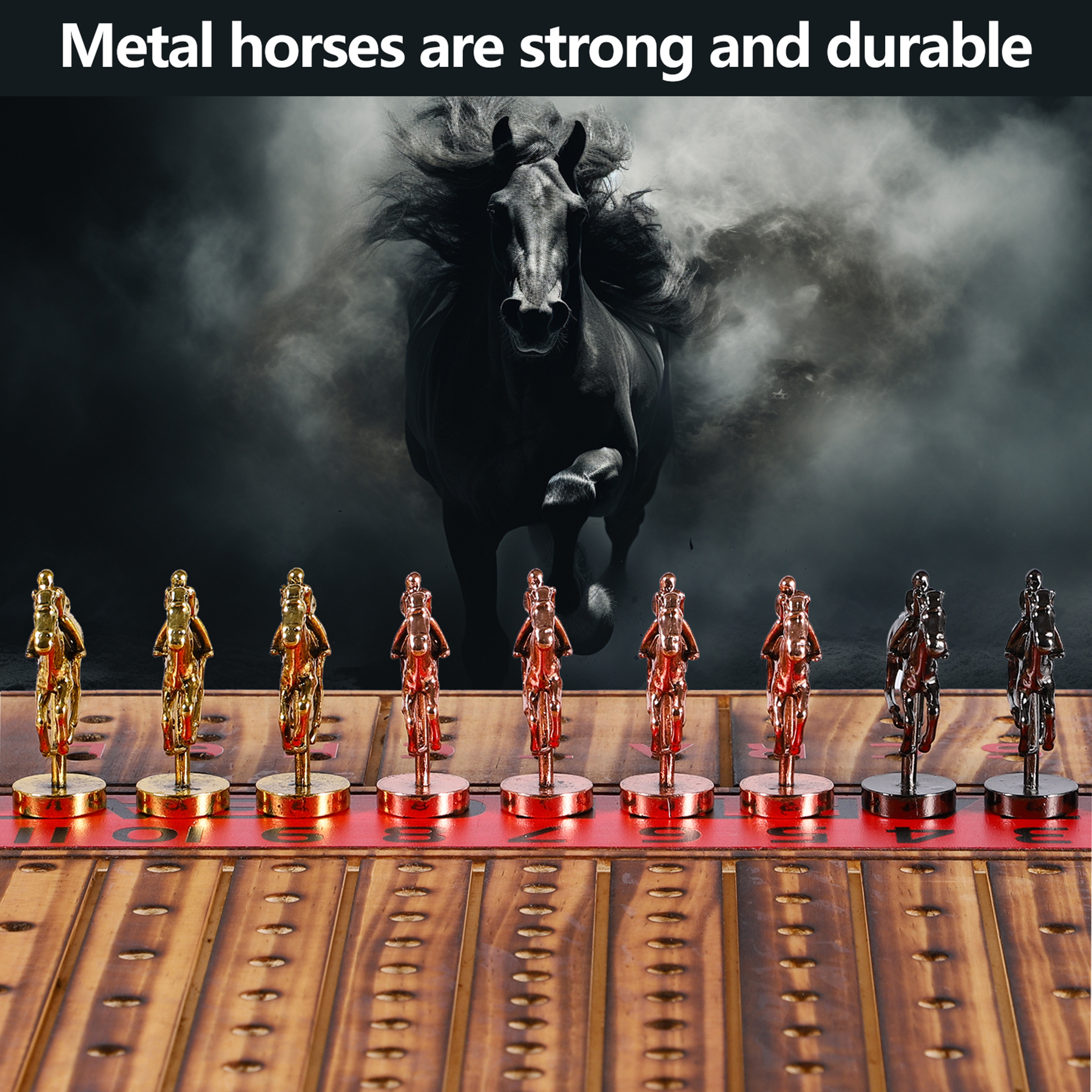 Grhonior Horse Racing Board Game Thickened Wood Finish Line Horse Race Game with 11 Metal Horses for Parties and Gambling