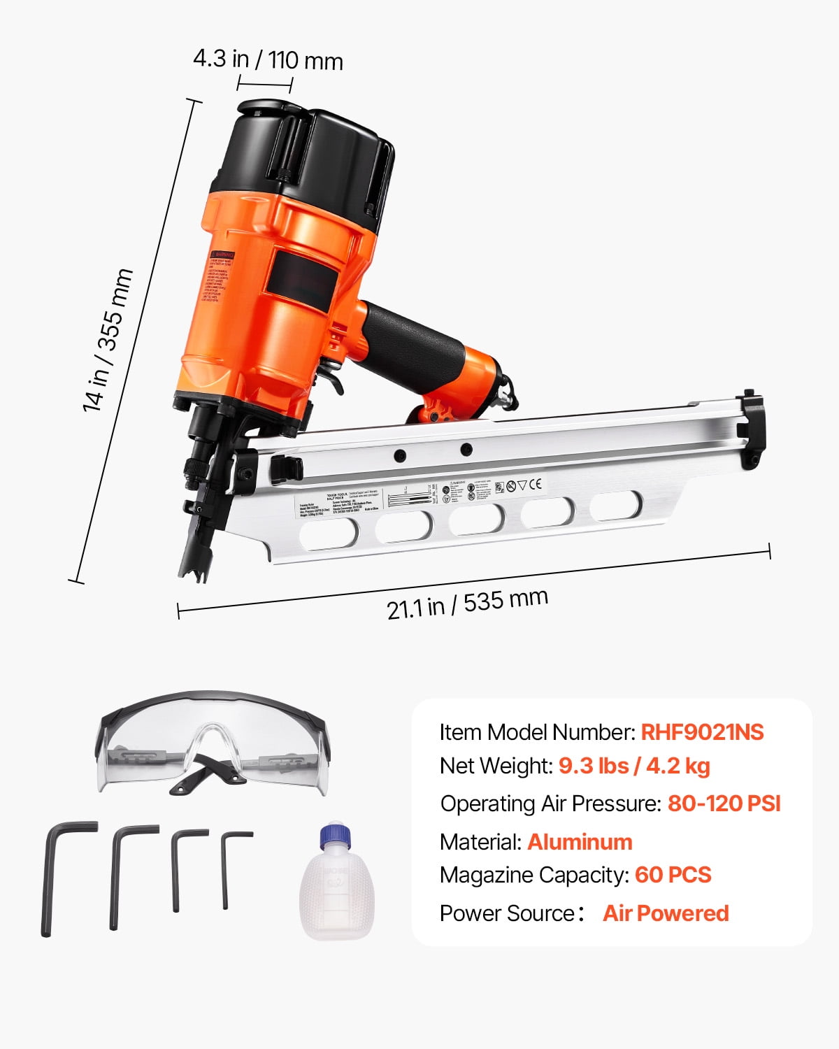 KFFKFF Pneumatic Framing Nailer, 2" to 3-1/2" 21-Degree Full Round Head Nail Gun with Adjustable Depth & Dual Trigger Modes, 80-120 PSI for Framing, Flooring, and Decking