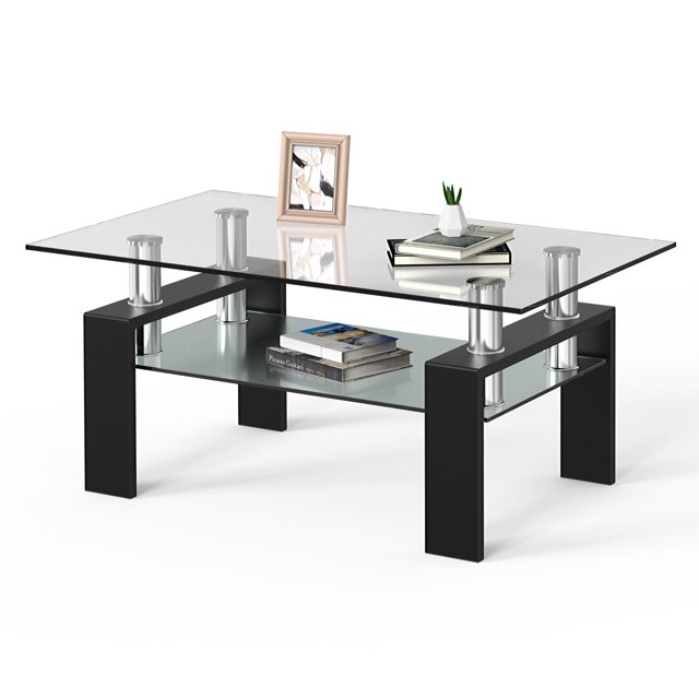Giantex Table Basse Moderne en Verre avec Étagère de Rangement Inférieure et Cadre en Métal, Grain de Bois Noir