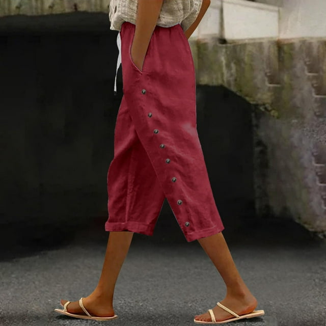 Women Summer Pants Casual Solid Color Drawstring Side Button Elastic Waist Linen Pockets Pants Home Office Clothes