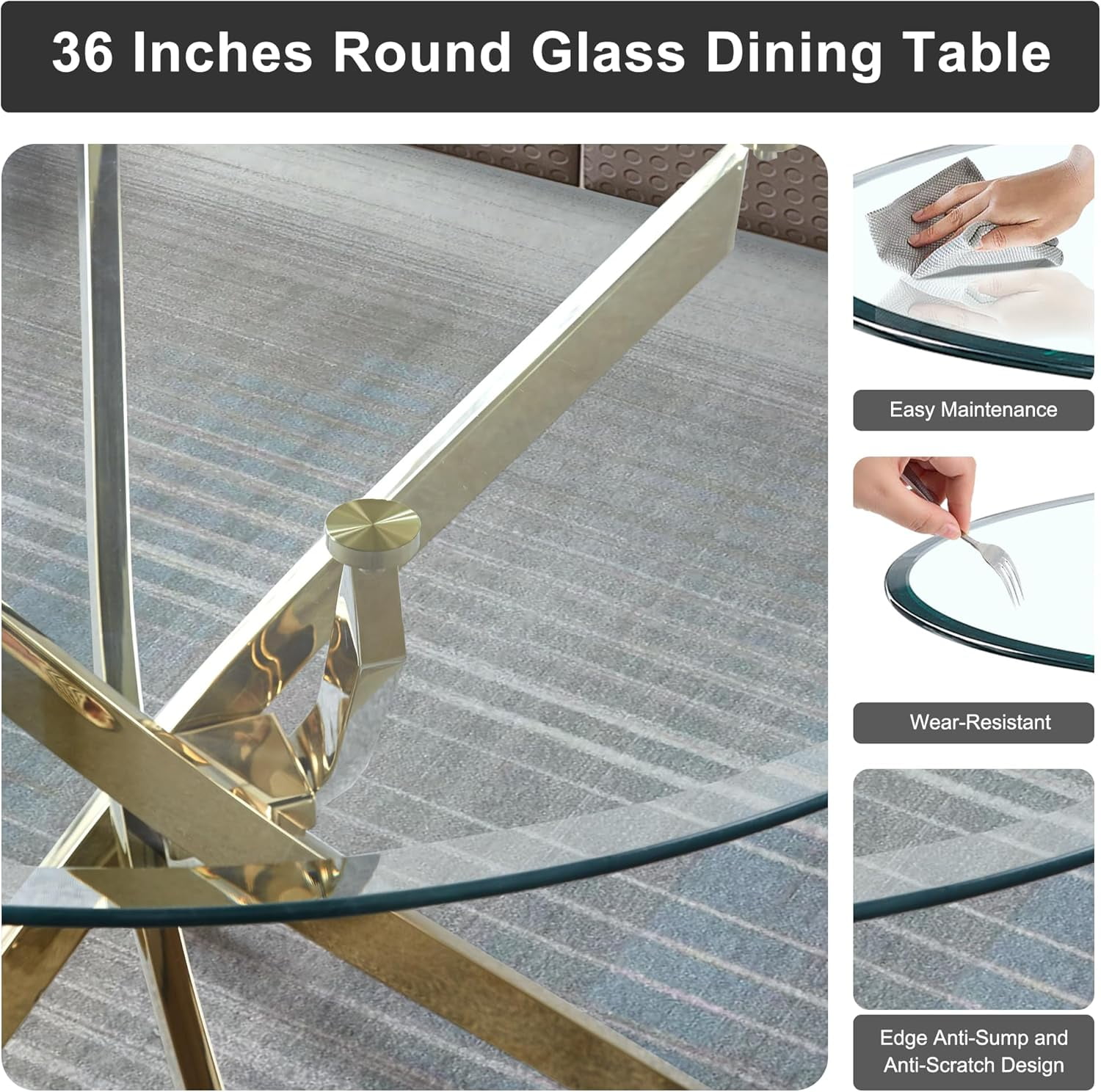 5-Piece 36" Round Glass Dining Set, Clear Tempered Glass Table & 4 Velvet Chairs with Stainless Steel Legs for Kitchen, Meeting Room